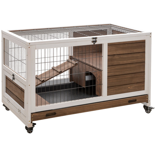 PawHut Wooden Guinea Pig Hutch, 2-Floor Bunny Cage w/ Enclosed Run Area, Brown