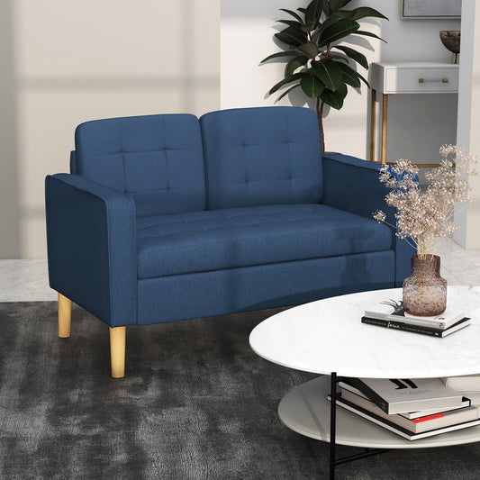 HOMCOM Modern Loveseat Sofa, Compact 2 Seater Sofa with Hidden Storage, 117cm Tufted Cotton Couch with Wood Legs, Blue