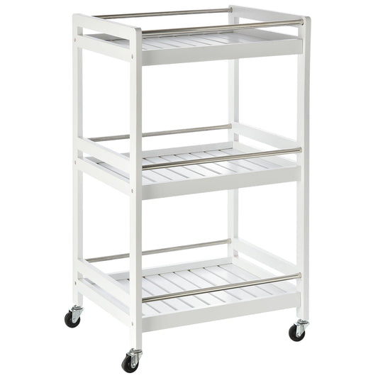 HOMCOM 3-Tier Home Trolley Kitchen Storage Cart w/ Steel Bars 4 Universal Wheels Rolling Unit Organiser Living Room White