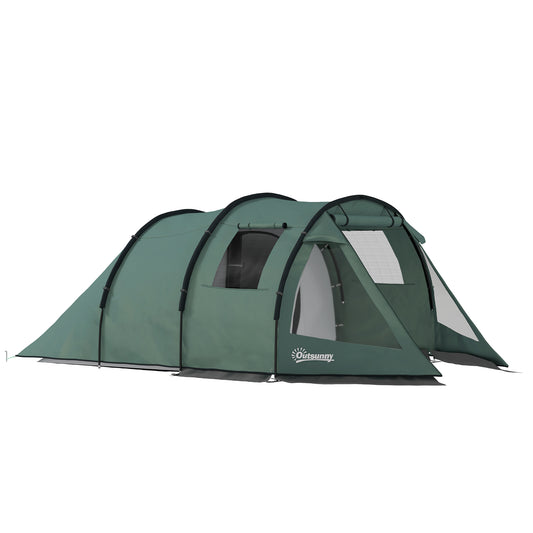 Outsunny Two Room Tunnel Tent Camping Tent for 3-4 Man with Windows, Covers, Carry Bag, for Fishing, Hiking, Sports, Green