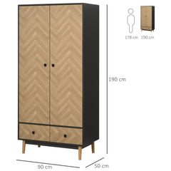 HOMCOM Modern Wardrobe Cabinet Wood Grain Sticker Surface with Shelf, Hanging Rod and 2 Drawers 90x50x190cm