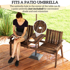 Outsunny 2-Seater Garden Bench with Table & Parasol Hole, Antique Loveseat for Porch, Patio, Carbonised Finish