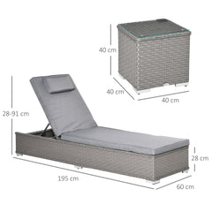 Outsunny 3PC Rattan Sun Lounger, Garden Furniture with Side Table, 5-Position Adjustable Recline Chair, Grey