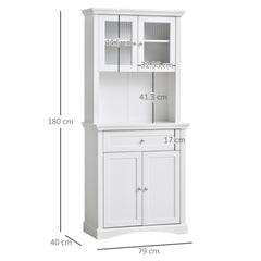 HOMCOM Kitchen Cupboard, Freestanding Storage Cabinet with Glass Doors, Adjustable Shelves, and Open Counter, White