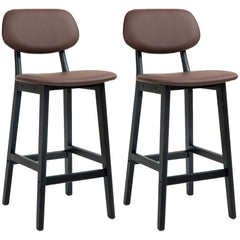 HOMCOM Bar Stools Set of 2, Contemporary Breakfast Bar Chairs, Faux Leather Upholstered Kitchen Stools with Backs and Solid Wood Legs, Brown