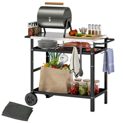 Outsunny BBQ Trolley with Stainless Steel Top Adjustable Shelf, Outdoor Kitchen BBQ Station with Hooks Seasoning Tray Towel Rack, Pizza Oven Table Movable Outdoor Grill Dining Cart with Cover, Black