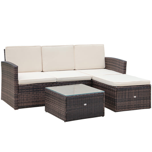 Outsunny 3 Pieces Outdoor PE Rattan Corner Sofa Set with Thick Cushions, Patio Rattan Garden Furniture with Glass Top Coffee Table and Footstool, Brown