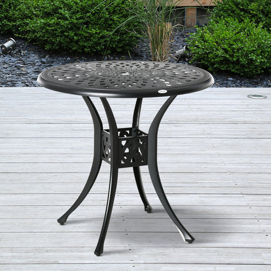 Outsunny 78 cm Round Garden Dining Table with Parasol Hole Antique Cast Aluminium Outdoor Table Only, Black