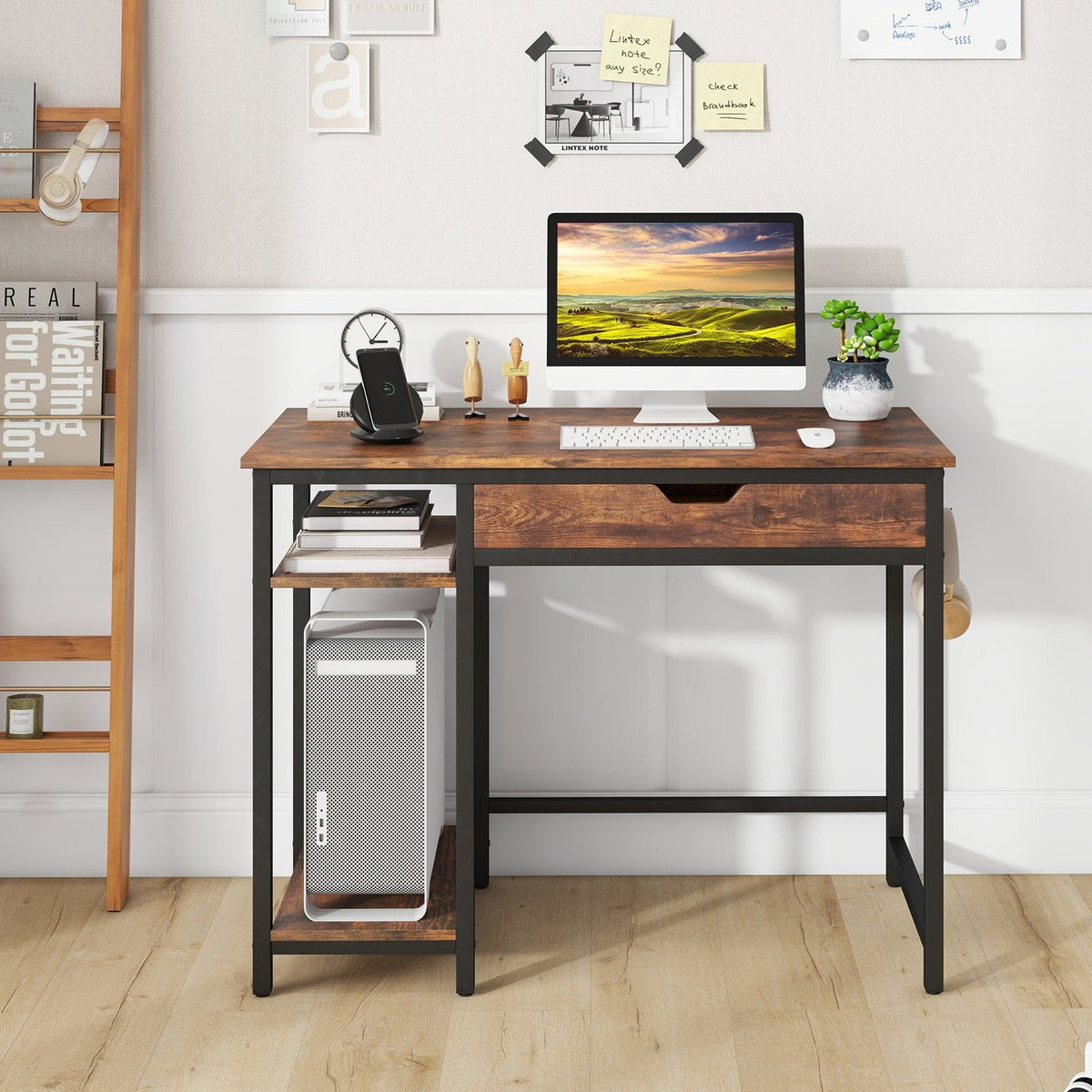 100 CM Industrial Home Office Desk with Drawer and Adjustable Shelf-Rustic Brown