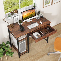 100 CM Industrial Home Office Desk with Drawer and Adjustable Shelf-Rustic Brown