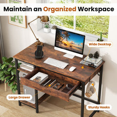 100 CM Industrial Home Office Desk with Drawer and Adjustable Shelf-Rustic Brown