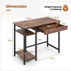 100 CM Industrial Home Office Desk with Drawer and Adjustable Shelf-Rustic Brown