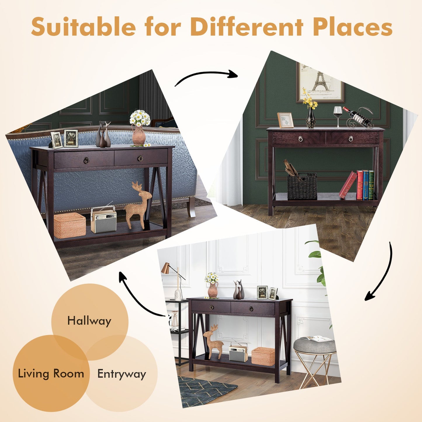 Console Table with Drawers, Storage Shelves and Anti-toppling Device -Dark Brown