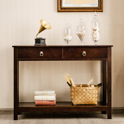 Console Table with Drawers, Storage Shelves and Anti-toppling Device -Dark Brown