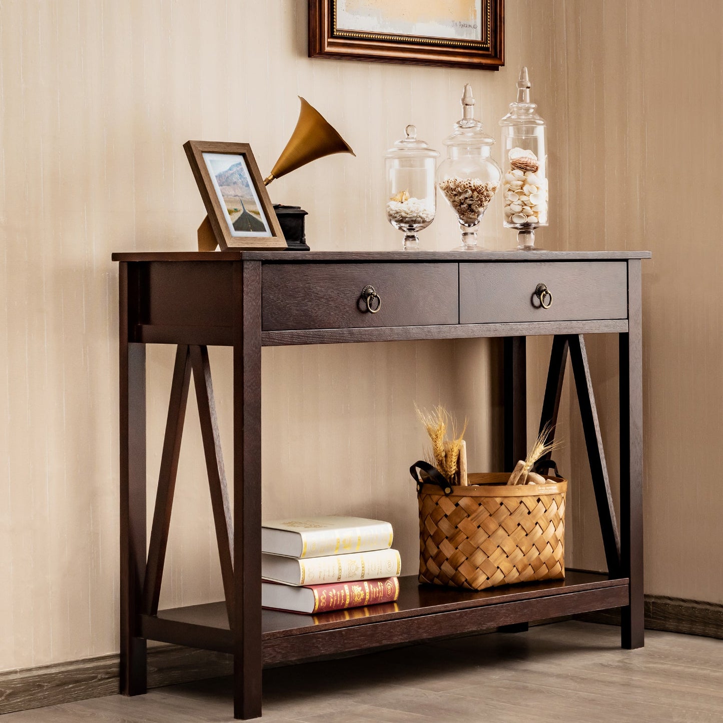 Console Table with Drawers, Storage Shelves and Anti-toppling Device -Dark Brown