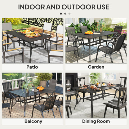 Outsunny Rectangle Garden Dining Table with Parasol Hole, Patio Table with Steel Frame and Slat Tabletop, 150cm x 90cm, Black