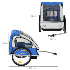 HOMCOM 2 Seat Bike Trailer Bicycle wagon for Kids Child Steel Frame Safety Harness Seat Carrier Hitch Coupler Blue White 130 x 76 x 88 cm