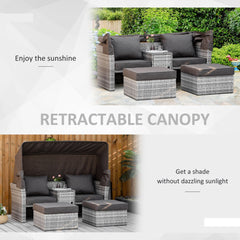 Outsunny 2-Seater Outdoor Rattan Daybed Sofa Footstool Coffee Table Set w/ Canopy, Cushion