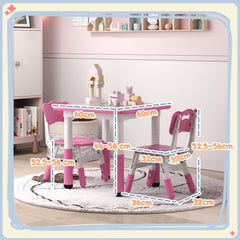 AIYAPLAY Height Adjustable Toddler Table and Chair Set, 3 Pcs Children Activity Table w/ 2 Chairs, for Playroom, Bedroom - Pink