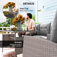 Outsunny 5 Seater Rattan Garden Furniture Set, 2 Armchairs, 3-Seater Wicker Sofa, 2 Footstools and Glass Table, 6 Piece Patio Rattan furniture Sofa Sets with Cushions for Conservatory, Grey