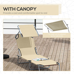 Outsunny Outdoor Foldable Sun Lounger, 4 Level Adjustable Backrest Reclining Sun Lounger Chair with Angle Adjust Sun Shade Awning for Beach, Garden, Patio, Beige