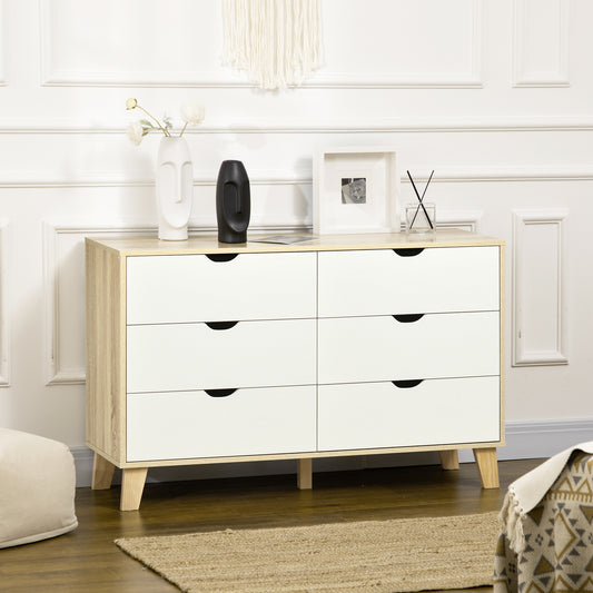 HOMCOM Bedroom Chest of Drawers, Wide 6-Drawer Dresser, Storage Drawer Unit with Wood Legs for Living Room, White and Light Brown