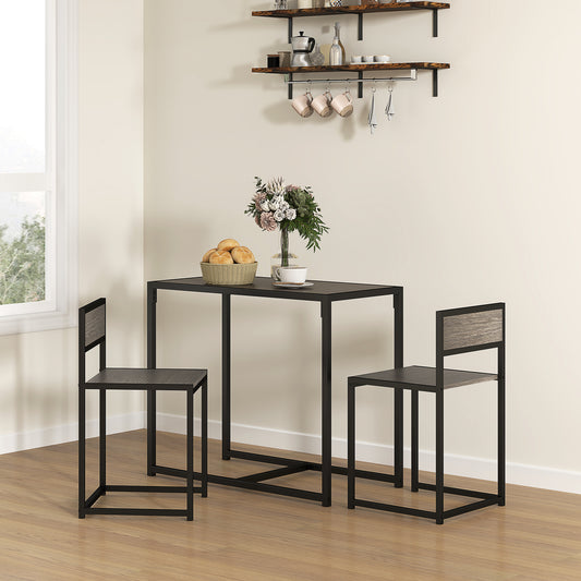 HOMCOM Dining Table and Chairs Set 2, Dining Room Sets, Rectangular Space Saving Table and 2 Chairs for Compact Kitchens, Steel Frame, Grey Wood-Effect