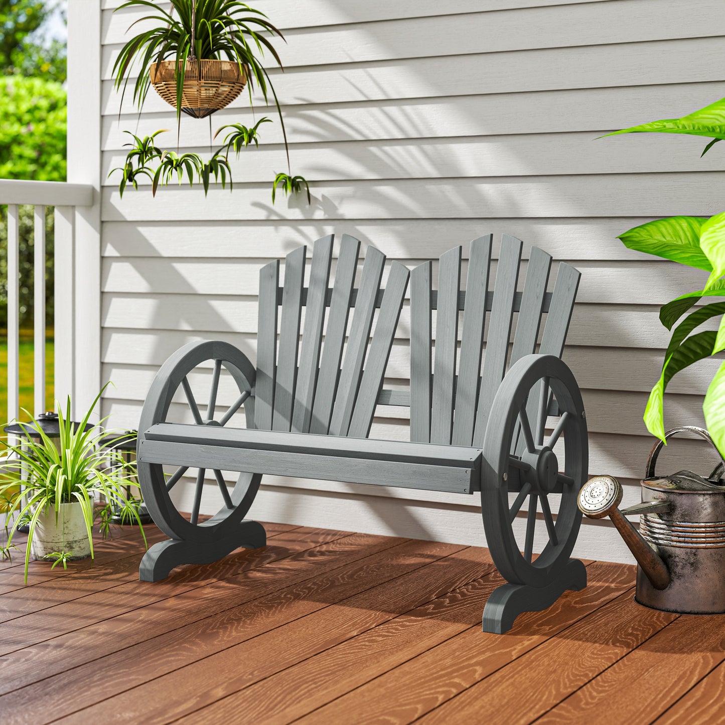 Outsunny Fir Wood Love Seats with Wheel-Shaped Armrests, Large Load-Bearing Chair, Grey