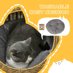 PawHut Wicker Cat House with Washable Cushion for Indoor Cats, Light Brown