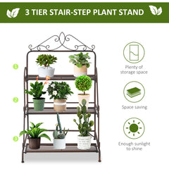 Outsunny 3 Tier Stair Style Metal Plant Stand, Flower Pot Holder Display Shelf, Storage Organizer Rack for Indoor Outdoor Patio Balcony Yard