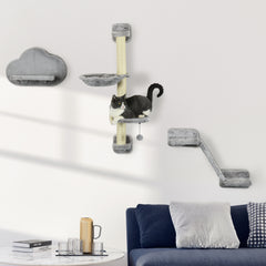 PawHut Three-Piece Wall-Mounted Cat Shelves, with Hammock, Ladder, Platforms, Scratching Post - Grey