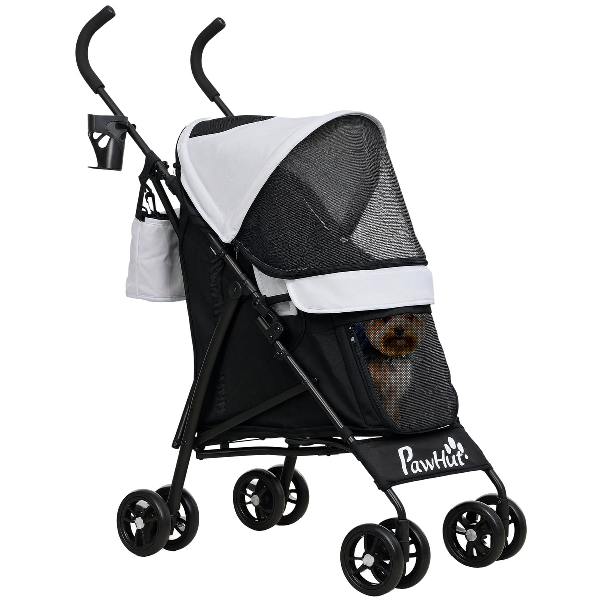 PawHut Umbrella Structure Dog Stroller, Lightweight & Portable Dog Pram w/ Shoulder Strap, Storage Bag & Cup Holder, Light Grey