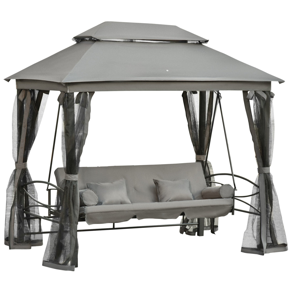 Outsunny 3 Seater Swing Chair 3-in-1 Convertible Garden Swing Seat Bed Gazebo Patio Bench Outdoor with Double Tier Canopy, Cushioned Seat, Mesh Sidewalls, Grey