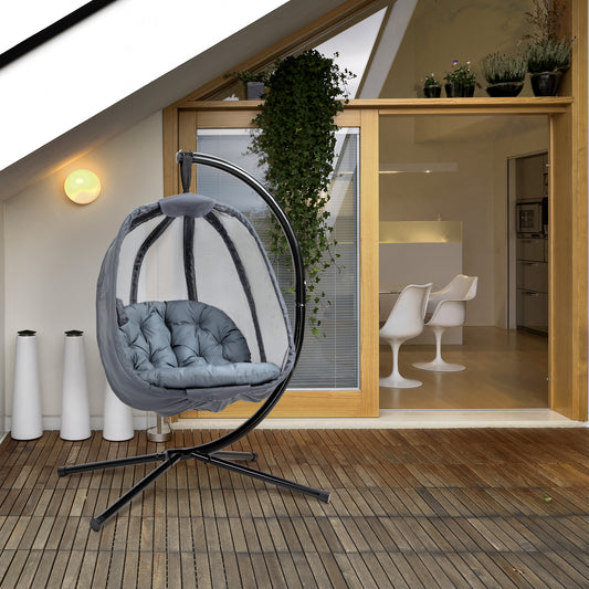 Outsunny Hanging Egg Chair, Folding Texteline Swing Hammock with Side Pocket, Cushion and Stand for Indoor Outdoor, Patio Garden Furniture, Grey