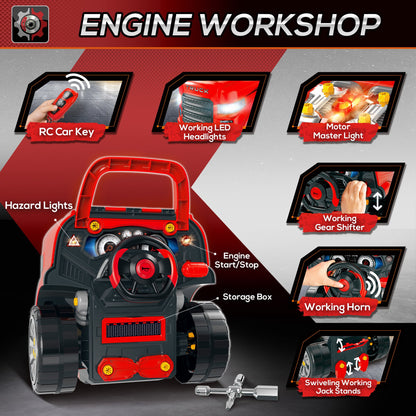 HOMCOM Kids Truck Engine Toy Set, Toddler Educational Car Service Station Playset, Take Apart Workshop, w/ RC Car Key, Steering wheel, Horn, Light, for 3-5 Years Old Red