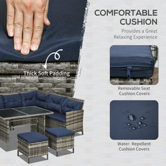 Outsunny 7-Seater Patio wicker Sofa Set Rattan Chair Furniture w/ Glass & Cushioned, Dark Blue