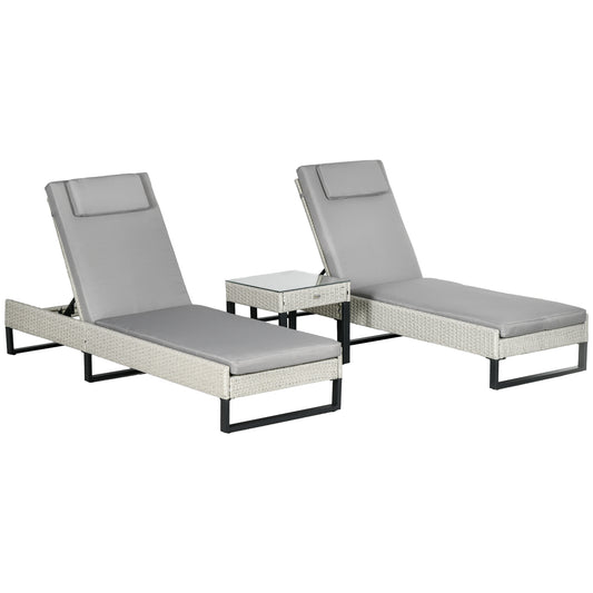 Outsunny 3-piece PE Rattan Sun Lounger Set with Adjustable 5-Position Recliner, Patio Chaise Lounge Chair Set with Cushions, Headrests, Glass Top Square Coffee Table, Light Grey