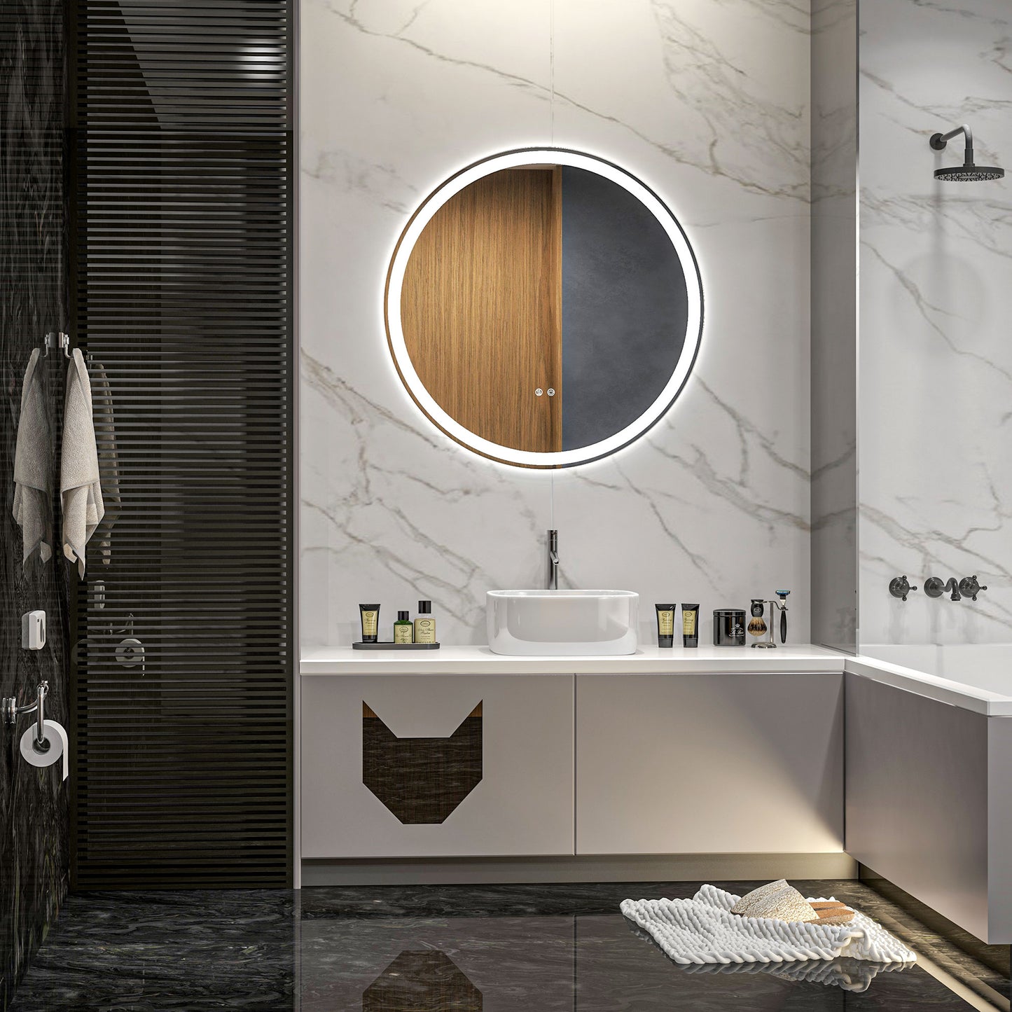 kleankin Round Bathroom Mirror with LED Lights, Wall Mount Dimmable Makeup Mirror with 3 Temperature Colours, Defogging Film and Memory Function, Frameless, Hardwired, 70 x 70√Ç cm