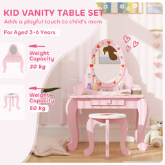 AIYAPLAY Kids Dressing Table Set, Vanity Table with Stool, Mirror, Drawer, Desktop Storage, Strawberry Theme, Pink