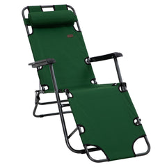 Outsunny 2 in 1 Sun Lounger Folding Reclining Chair Garden Outdoor Camping Adjustable Back with Pillow, Green