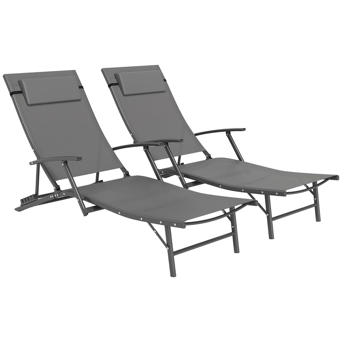 Outsunny Set of Two Adjustable Back Sun Loungers - Grey