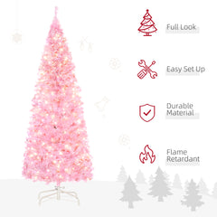 HOMCOM 5FT Tall Prelit Pencil Slim Artificial Christmas Tree with Realistic Branches, Warm White LED Lights and 408 Tips, Xmas Decoration, Pink