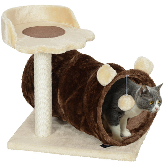 PawHut 47cm Small Cat Tree w/ Scratching Post, Bed, Cat Tunnel, Toy Ball, Dark Brown