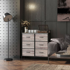 HOMCOM Rustic Chest of Six Fabric Drawers - Grey Wood Effect