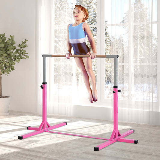 HOMCOM Height Adjustable Gymnastics Horizontal Bar for Kids, Children Junior Kip High Bar Fitness, Pink