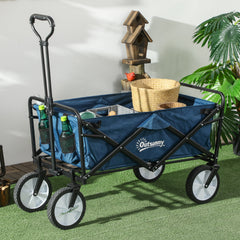 Outsunny 90L Folding Garden Trolley Cart Pull Along Wagon with Telescopic Handle for Beach Camping Festival - Navy Blue