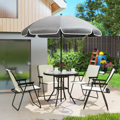 Outsunny 4 Seater Garden Furniture Set, 6 Pieces Garden Table and Chairs with Parasol, Outdoor Garden Dining Set with Folding Chairs and Round Glass Top Table for Patio, Cream White