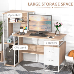 HOMCOM Computer Desk with Drawers and Bookshelf, Writing Desk for Home Office with Storage Shelves, Study Workstation, Oak