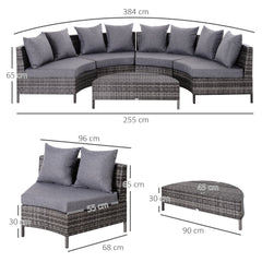 طقم أريكة وطاولة خارجية نصف دائرية من Outsunny Rattan Garden Furniture مكون من 4 مقاعد وطاولة فناء منسوجة من الخيزران مع مقعد مبطن ووسادة - رمادي