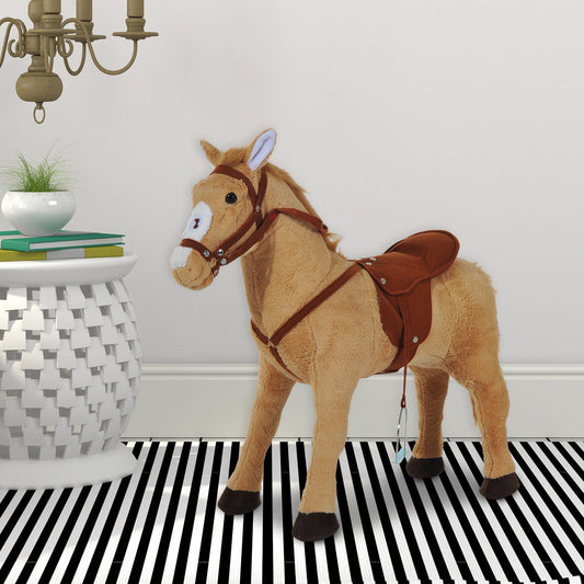 HOMCOM Kids Ride On Standing Horse Cuddly Toy Children Plush Soft Pony Gift w/ Neigh Sound or 3 Years and Up Beige